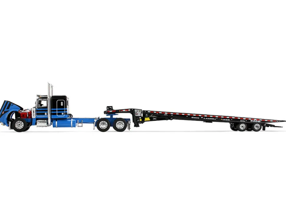 Peterbilt 389 with 48" Flat Top Sleeper and Landoll 440B-50CA Traveling Axle Trailer Black with Blue Stripes 1/64 Diecast Model by DCP/First Gear