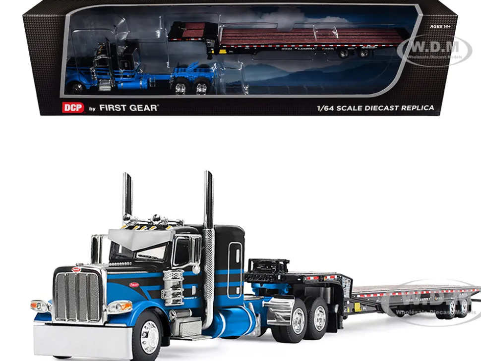 Peterbilt 389 with 48" Flat Top Sleeper and Landoll 440B-50CA Traveling Axle Trailer Black with Blue Stripes 1/64 Diecast Model by DCP/First Gear