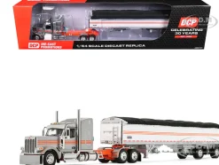 Peterbilt 589 with 58" Mid-Roof Sleeper and 50' Wilson Pacesetter Grain Trailer Silver Metallic with Orange Stripes 1/64 Diecast Model by DCP/First Gear