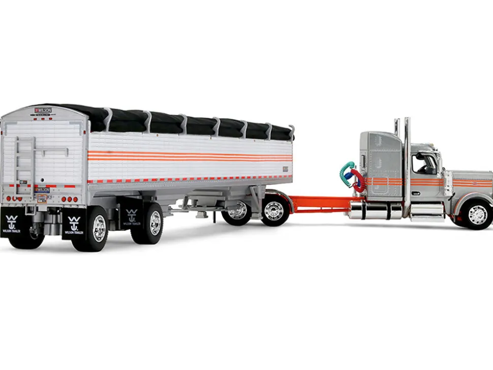 Peterbilt 589 with 58" Mid-Roof Sleeper and 50' Wilson Pacesetter Grain Trailer Silver Metallic with Orange Stripes 1/64 Diecast Model by DCP/First Gear