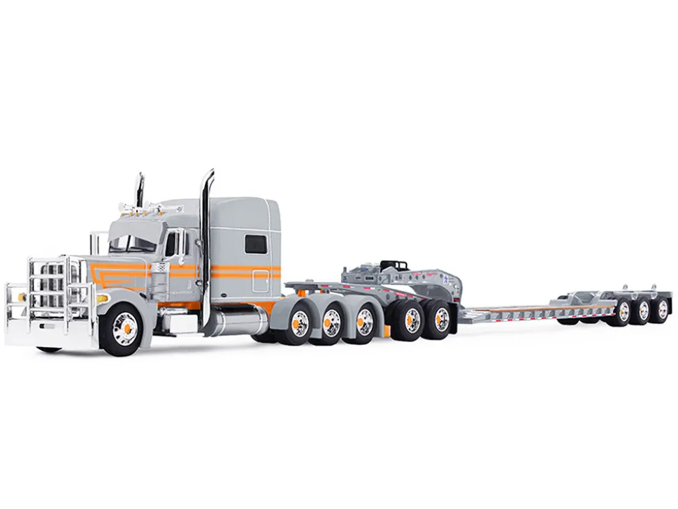 Peterbilt 389 with 70" Mid-Roof Sleeper and Fontaine Magnitude Tri-Axle Lowboy Trailer with Jeep "Capitola Trucking" Gray with Orange Stripes 1/64 Diecast Model by DCP/First Gear