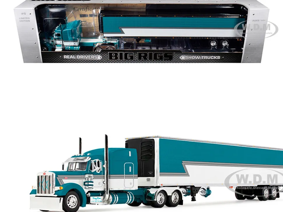 Peterbilt 379 with 63" Mid-Roof Sleeper and 53' Utility Trailer with Reefer "Tway Rose Transport" Teal and White with Stripes "Big Rigs" Series II #5 1/64 Diecast Model by DCP/First Gear