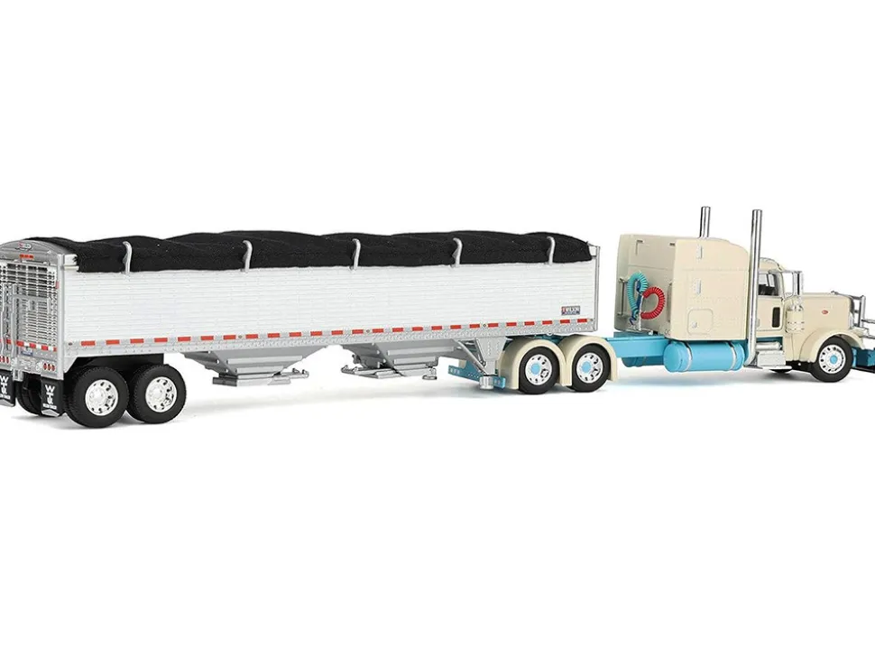 Peterbilt 389 with 63" Mid-Roof Sleeper and 43' Wilson Pacesetter High Sided Grain Trailer "Capitola Trucking" Cream 1/64 Diecast Model by DCP/First Gear