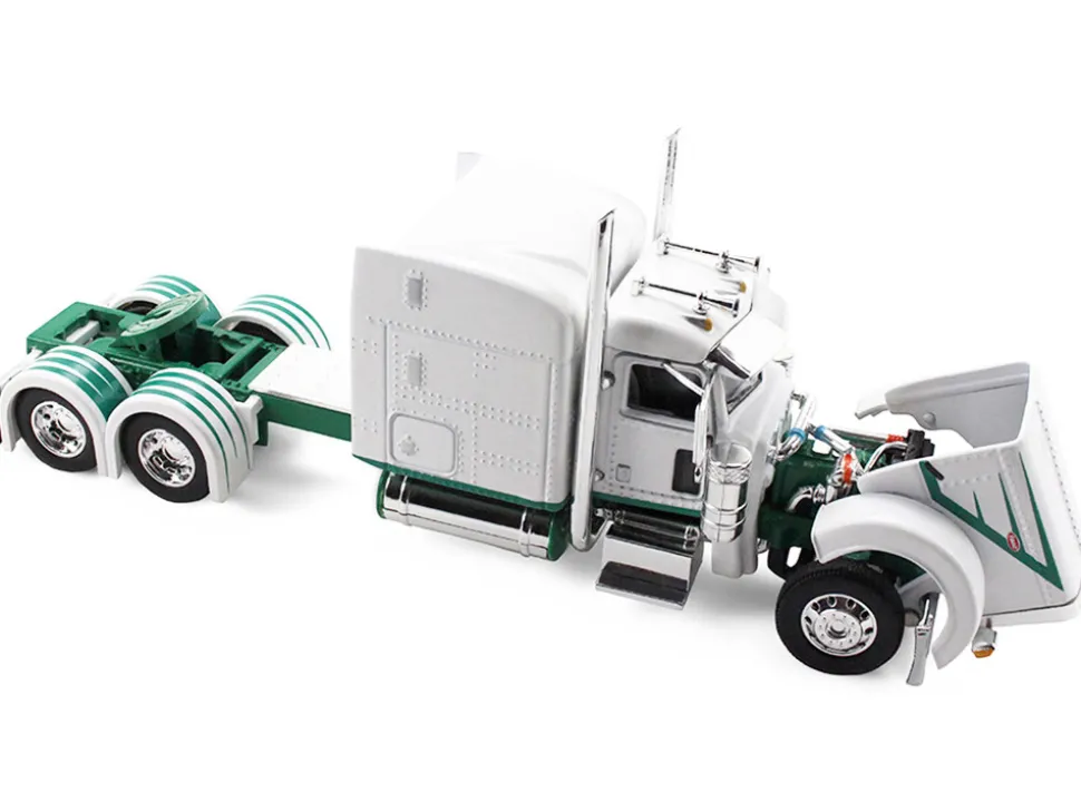 Peterbilt 389 with 63" Mid-Roof Sleeper and 53' Utility Trailer White with Green Stripes 1/64 Diecast Model by DCP/First Gear