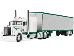 Peterbilt 389 with 63" Mid-Roof Sleeper and 53' Utility Trailer White with Green Stripes 1/64 Diecast Model by DCP/First Gear