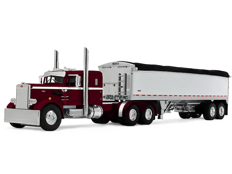 Peterbilt 351 with 36" Sleeper and 34' Wilson Pacesetter Grain Trailer Dark Cherry with White Stripes 1/64 Diecast Model by DCP/First Gear