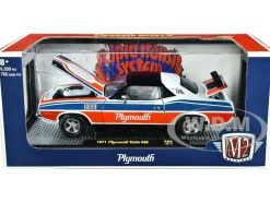 1971 Plymouth Barracuda 440 Pearl White Blue Red Stripes Black Top Limited Edition 6550 pieces Worldwide 1/24 Diecast Model Car M2 Machines 40300-96A