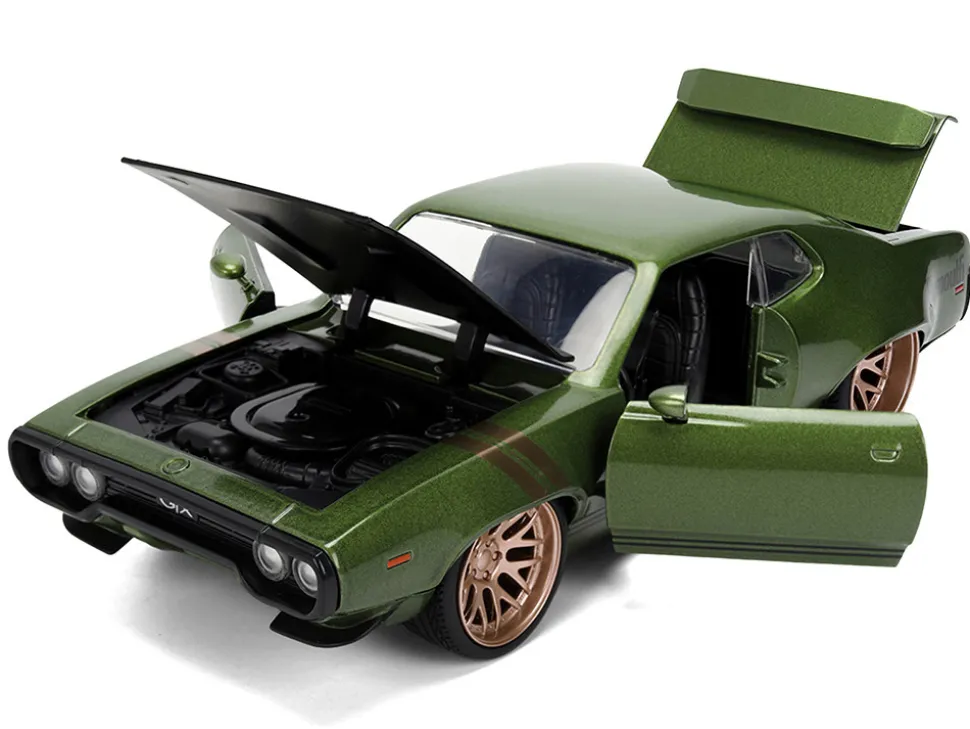 1972 Plymouth GTX Green Metallic with Matt Black Hood and Gold Stripes "Bigtime Muscle" Series 1/24 Diecast Model Car by Jada