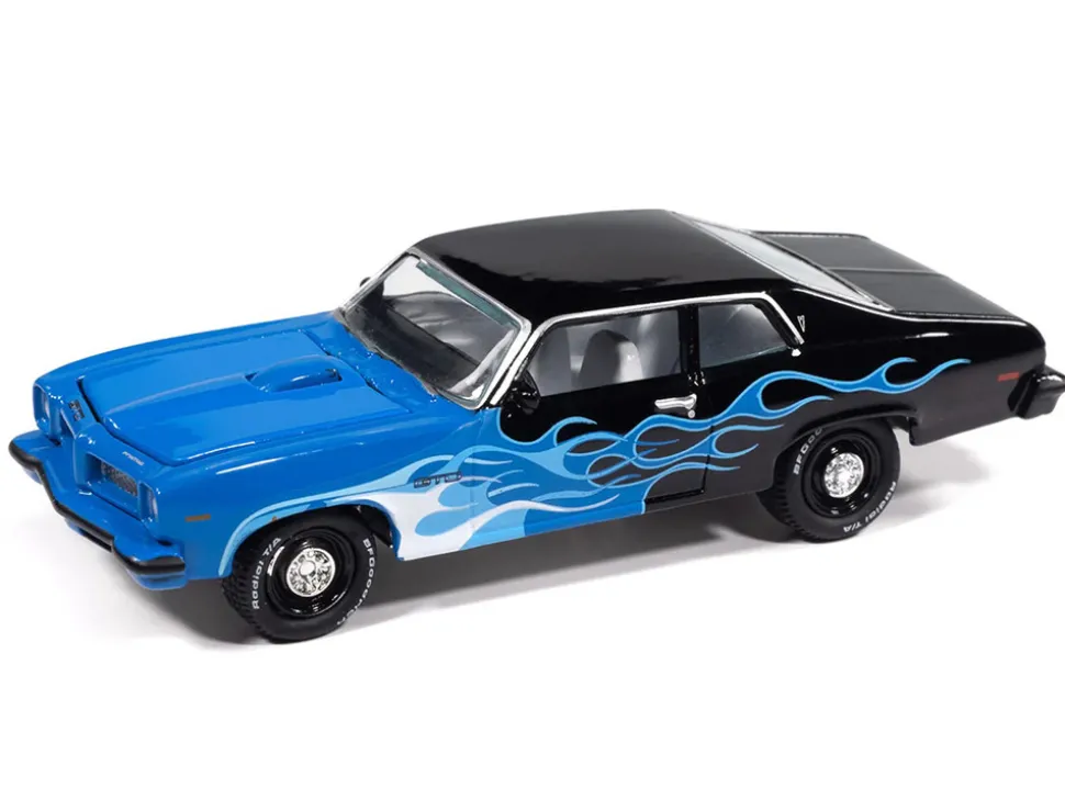 1974 Pontiac GTO Black and Blue with Blue Flame Graphics with White Interior "Black with Flames" Series 1/64 Diecast Model Car by Johnny Lightning