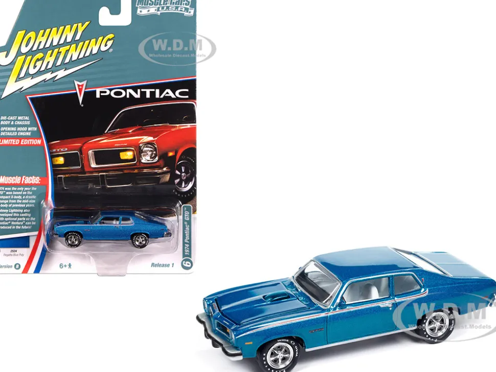 1974 Pontiac GTO Regatta Blue Metallic with White Interior "Muscle Cars USA" Series 1/64 Diecast Model Car by Johnny Lightning