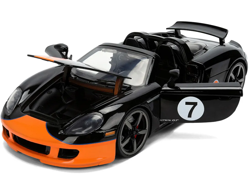 Porsche Carrera GT Convertible #7 "Gulf Oil" Black with Orange Graphics "Hyper-Spec" Series 1/24 Diecast Model Car by Jada