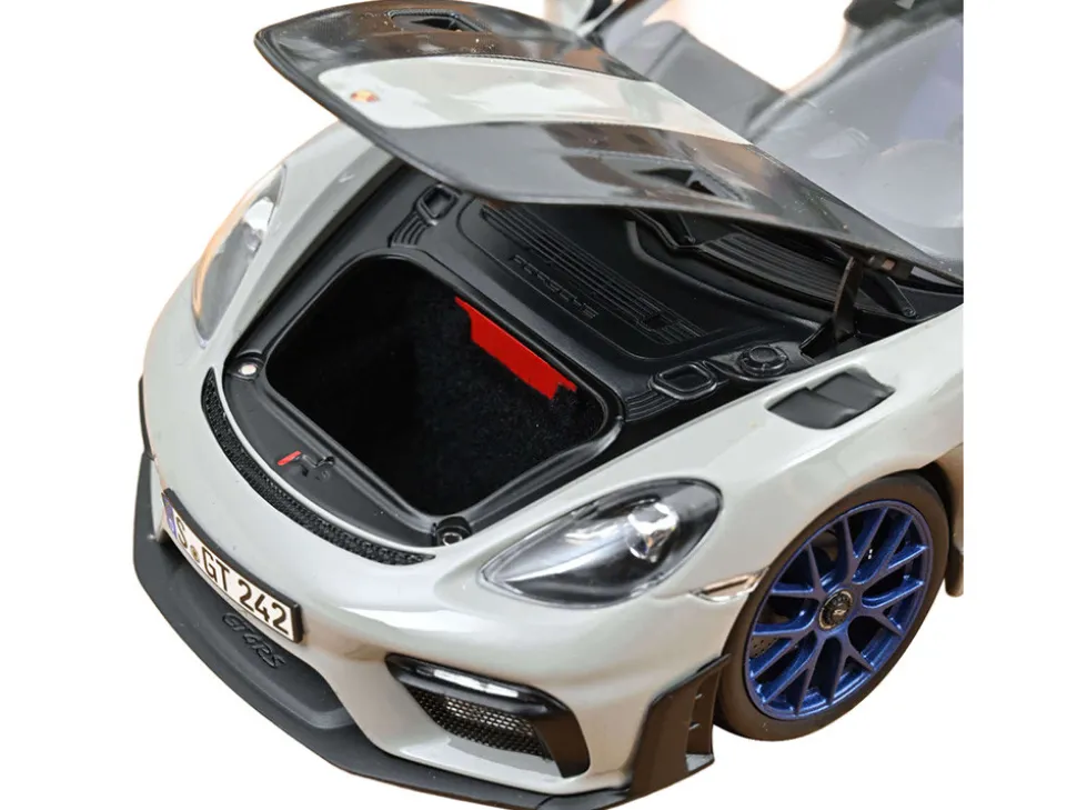 2023 Porsche Cayman GT4 RS Weissach Pack Chalk Gray with Carbon Hood Stripes 1/18 Diecast Model Car by Norev