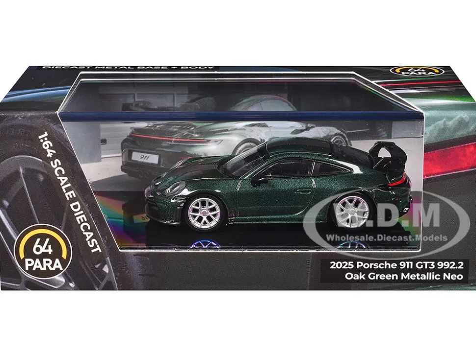 2025 Porsche 911 GT3 (992.2) Oak Green Metallic Neo with Carbon Stripe 1/64 Diecast Model Car by Paragon Models