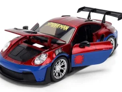 Porsche 911 GT3 RS (992) Red and Blue with Graphics and Spider-Man Diecast Figure