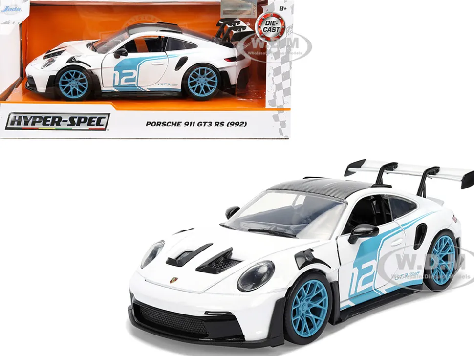 Porsche 911 GT3 RS (992) #12 White with Blue Stripes and Carbon Top "Hyper-Spec" Series 1/24 Diecast Model Car by Jada