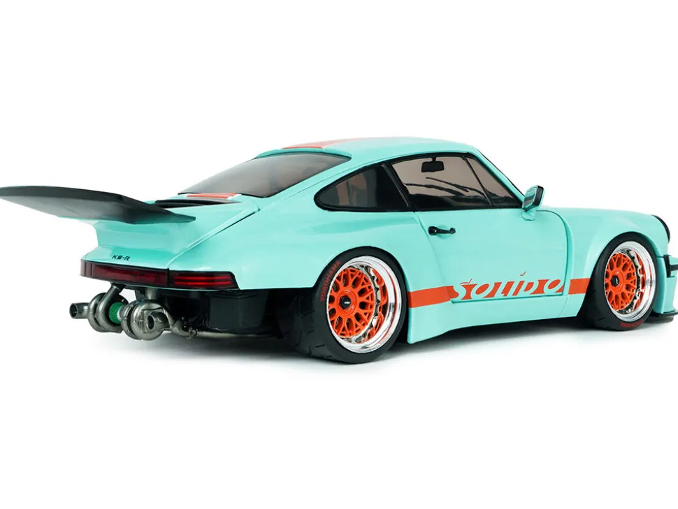 2025 Porsche 911 KS-R by Khyzyl Saleem "Blue Racer" Light Blue with Orange Stripes 1/18 Diecast Model Car by Solido
