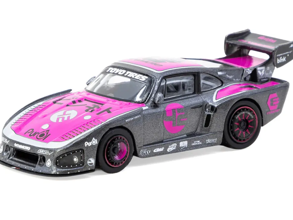 Porsche 935 K3V Bisimoto Gray Metallic with Pink Hood and Top with Tarmac Cards "Hobby64" Series 1/64 Diecast Model by Tarmac Works