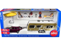 Porsche Macan Turbo Maroon Metallic and Dethleffs Exclusiv Emotion Caravan with Figures and Camp Accessories Set 1/55 Diecast Model by Siku