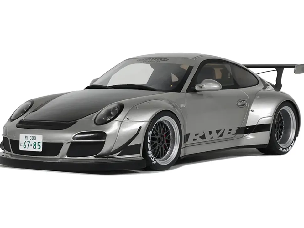 2024 Porsche 911 RWB Abu Silver Metallic with Black Hood 1/18 Model Car by GT Spirit