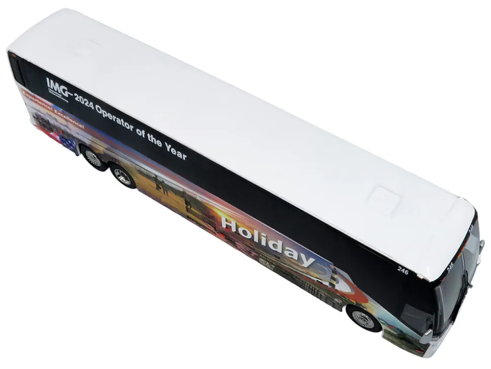 Prevost H3-45 Coach Bus "Holiday Tours - 2024 IMG Operator of the Year" White with Graphics Limited Edition 1/64 Diecast Model by Iconic Replicas