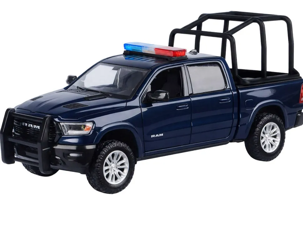 2019 RAM 1500 Laramie Crew Cab Pickup Truck with Bed Cage Dark Blue with Flashing Light Bar and Front and Rear Lights and Sounds 1/27 Diecast Model Car by Motormax