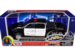 2019 RAM 1500 Laramie Crew Cab Pickup Truck with Bed Cage Black and White with Flashing Light Bar and Front and Rear Lights and Sounds 1/27 Diecast Model Car by Motormax