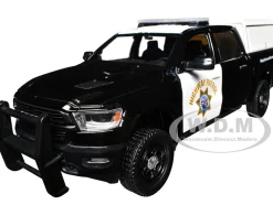 2019 RAM 1500 Laramine Crew Cab Pickup Truck "California Highway Patrol" Black and White with Truck Bed Camper "Law Enforcement and Public Service" Series 1/27 Diecast Model Car by Motormax