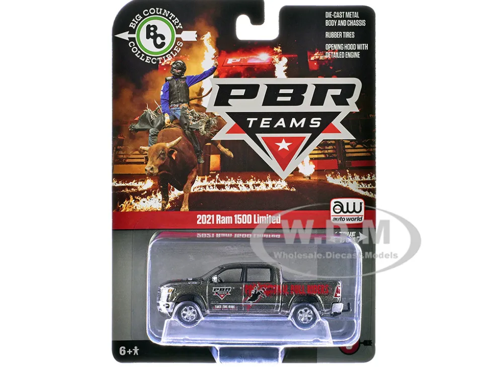 2021 Ram 1500 Limited Pickup Truck "PBR (Professional Bull Riders)" Gray Metallic with Graphics "Big Country Collectibles" 2025 Series 1/64 Diecast Model Car by Auto World