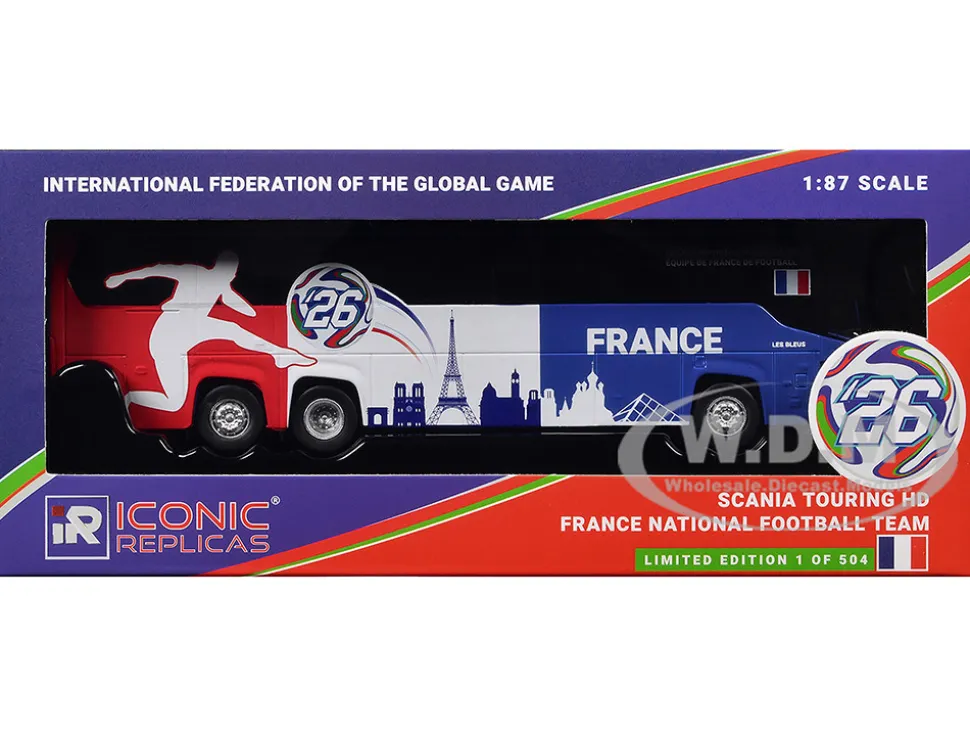 Scania Touring HD Coach Bus "France National Football Team" Blue with Graphics "International Federation of the Global Game" Series Limited Edition to 504 pieces Worldwide 1/87 (HO) Diecast Model by Iconic Replicas