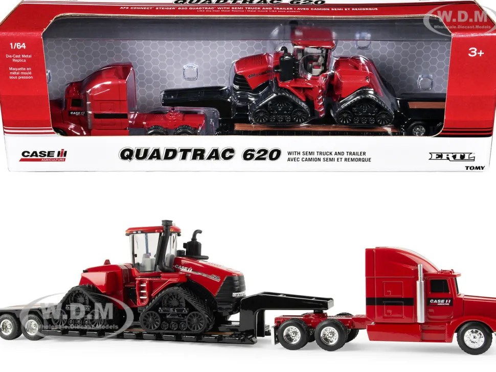 Semi Truck Red with Flatbed Trailer and Case IH Quadtrac 620 Tractor Red "Case IH Agriculture" Series 1/64 Diecast Models by ERTL TOMY