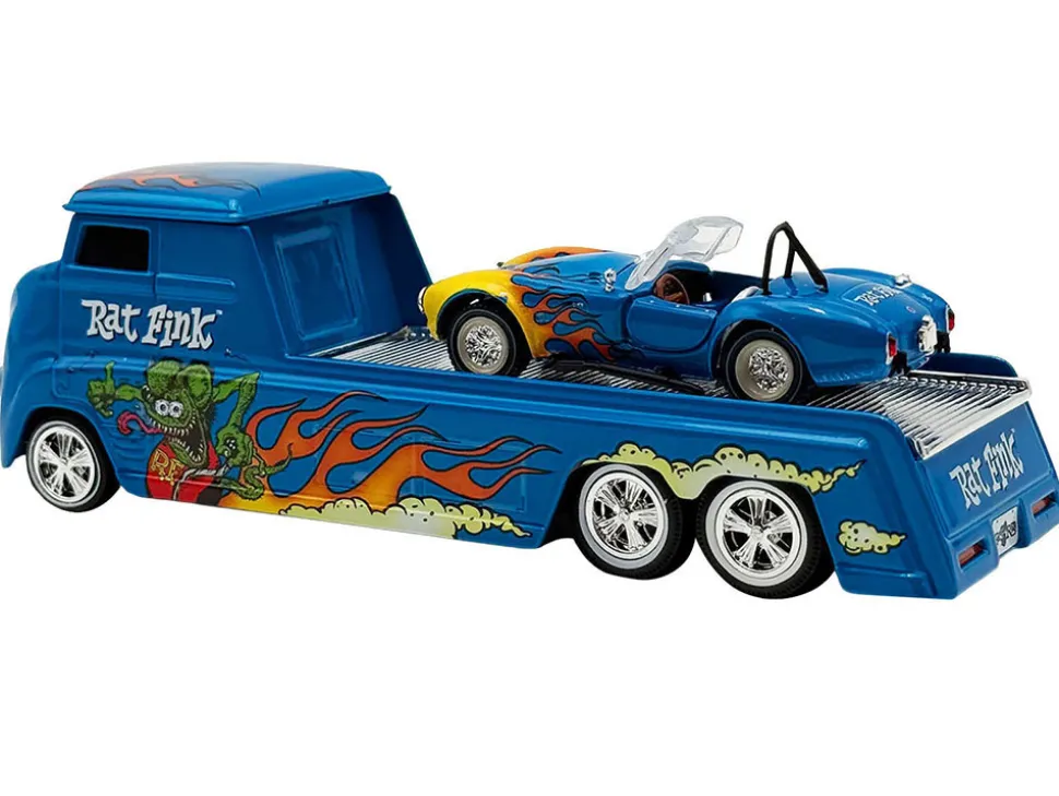 Shelby Cobra Super Snake Blue Metallic with Flames and Custom "Rat Fink" Hauler Blue Metallic with Flames and Graphics 1/64 Diecast Model Cars by ACME