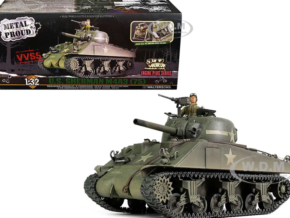 Sherman M4A3 75 Medium Tank U.S. Training vehicle C Company 10th Tank Battalion 5th Armored Division New York 1943 Engine Plus Series 1/32 Diecast Model Metal Proud MP-912131A