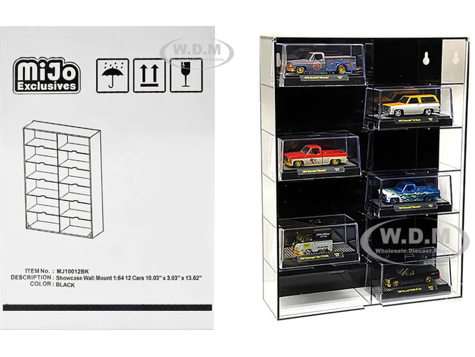 Showcase 12 Car Display Case Wall Mount Black Back Panel Extra Space Mijo Exclusives 1/64 Scale Models MJ10012BK