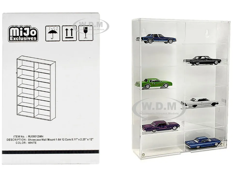 Showcase 12 Car Display Case Wall Mount White Back Panel Mijo Exclusives 1/64 Scale Models MJ08012WH