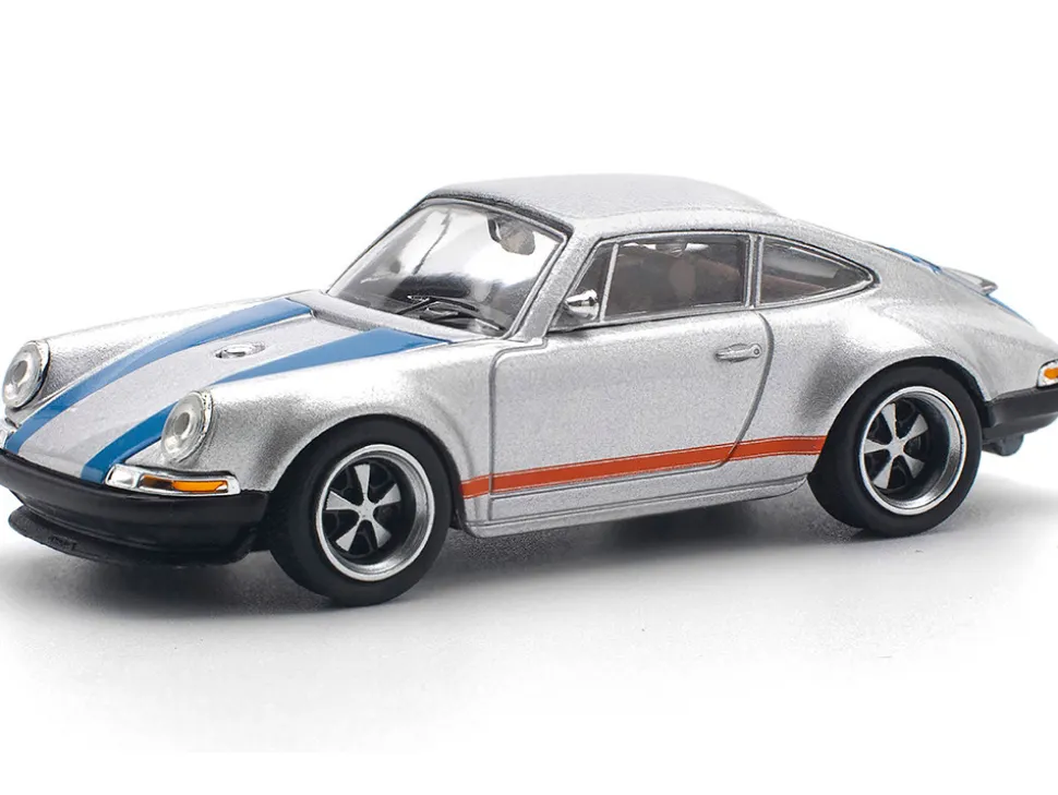 Singer 964 Silver Metallic with Blue and Red Stripes 1/64 Diecast Model Car by Pop Race