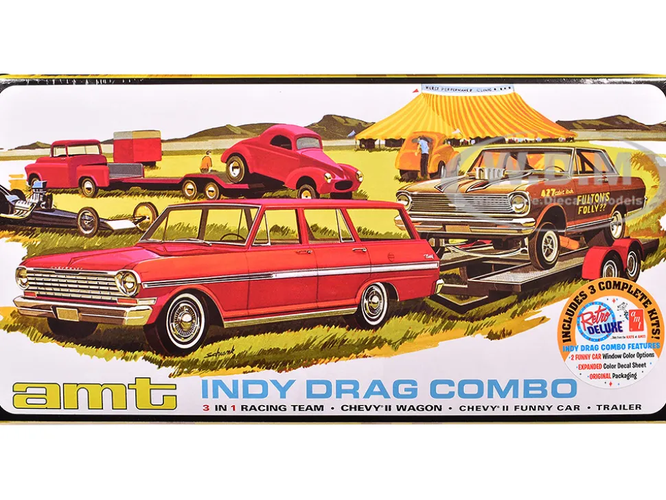 Skill 2 Model Kit Indy Drag Combo Chevrolet II Wagon and Funny Car with Trailer 3 in 1 Set 1/25 Scale Model by AMT