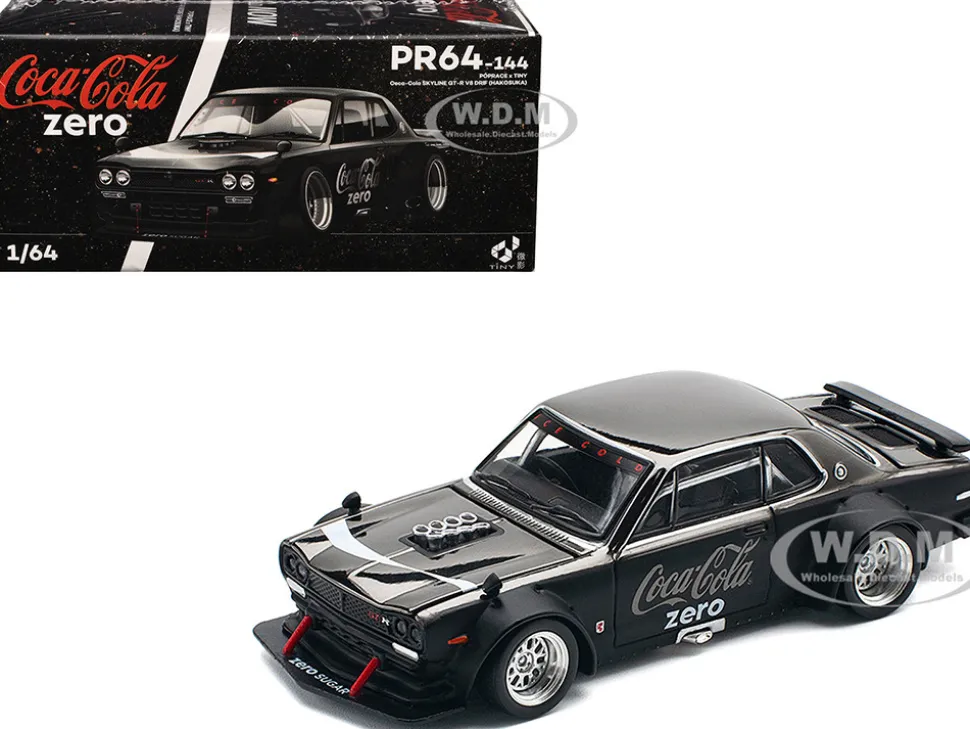 Skyline GT-R V8 Drift "Hakosuka" RHD (Right Hand Drive) "Coca-Cola Zero" Dark Chrome and Black 1/64 Diecast Model Car by Pop Race