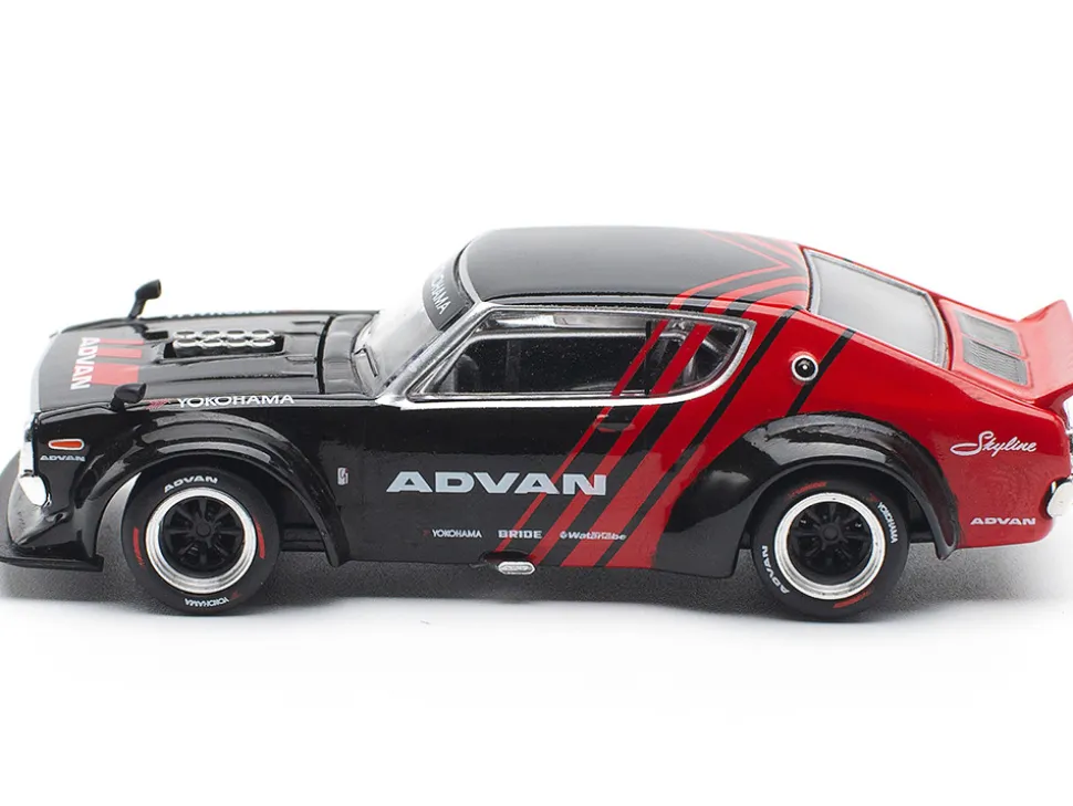 Skyline KPGC110 "Kenmeri" RHD (Right Hand Drive) "ADVAN" Black and Red 1/64 Diecast Model Car by Pop Race