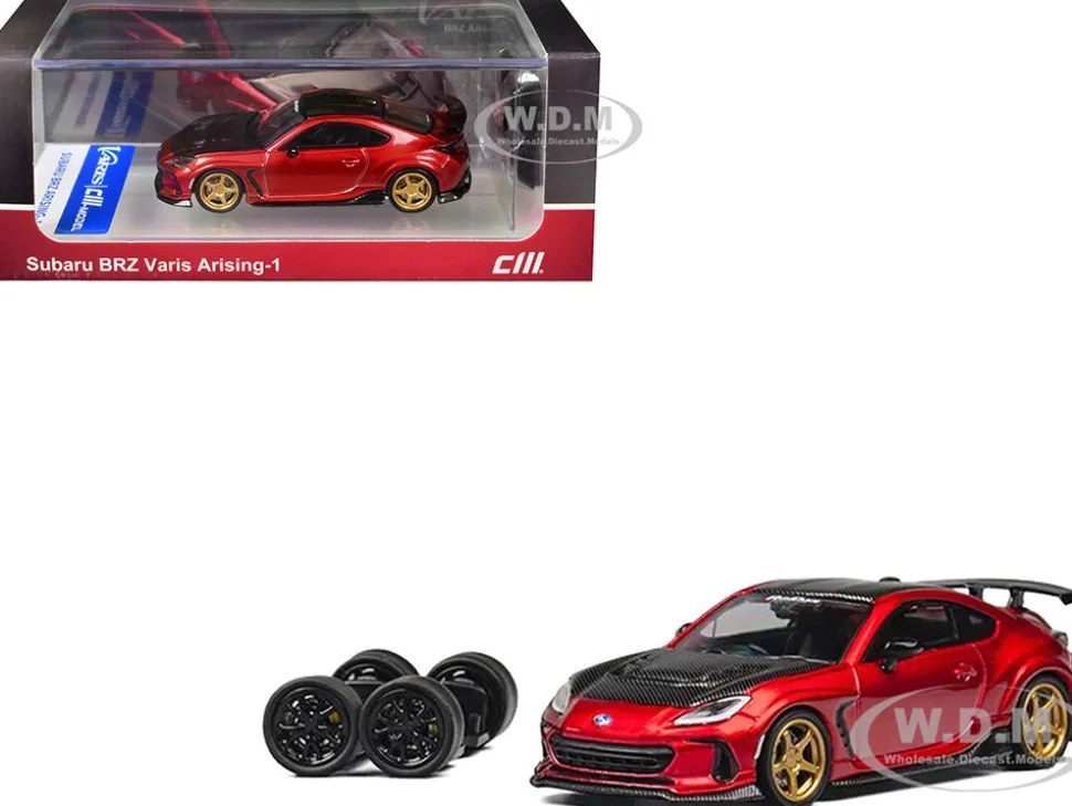 Subaru BRZ Varis Arising-1 RHD (Right Hand Drive) Red Metallic with Carbon Hood and Top and Extra Wheels 1/64 Diecast Model Car by CM Model
