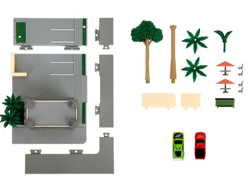 Toretto Cafe Diorama with Mitsubishi Eclipse Green and Ford F-150 SVT Lightning Red "Fast and Furious" "Nano Scene" Series Model by Jada