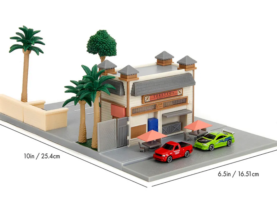 Toretto Cafe Diorama with Mitsubishi Eclipse Green and Ford F-150 SVT Lightning Red "Fast and Furious" "Nano Scene" Series Model by Jada