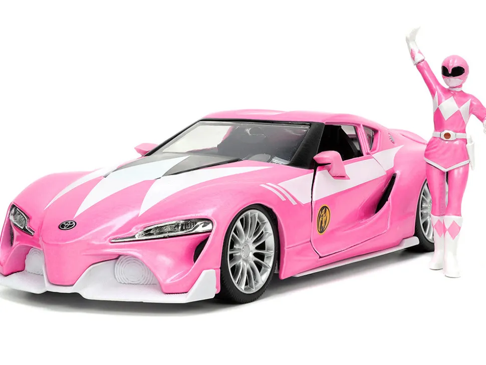 Toyota FT-1 Concept Pink Metallic and Pink Ranger Diecast Figurine Power Rangers Hollywood Rides Series 1/24 Diecast Model Car Jada 33224