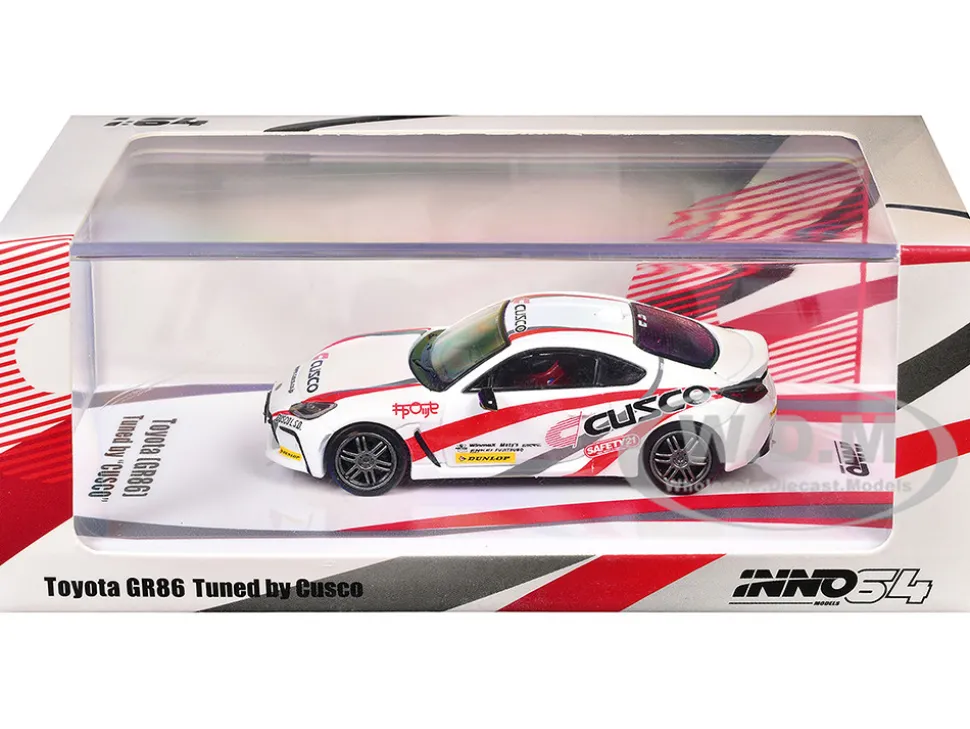 Toyota GR86 Tuned by "CUSCO" RHD (Right Hand Drive) White with Red and Gray Stripes 1/64 Diecast Model Car by Inno Models