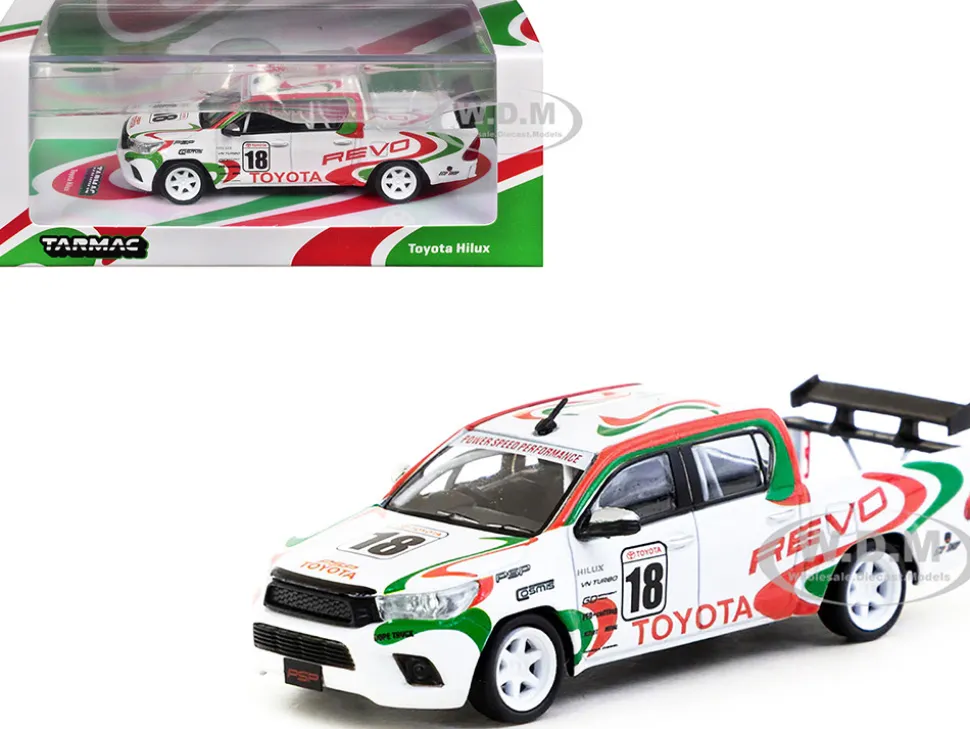 Toyota Hilux Pickup Truck RHD (Right Hand Drive) #18 White with Red and Green Graphics "Hobby64" Series 1/64 Diecast Model Car by Tarmac Works