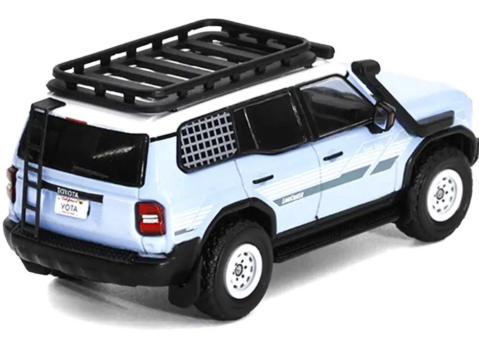 2024 Toyota Land Cruiser Prado Light Blue with White Top and Stripes with Roof Rack and Accessory 1/64 Diecast Model Car by GCD