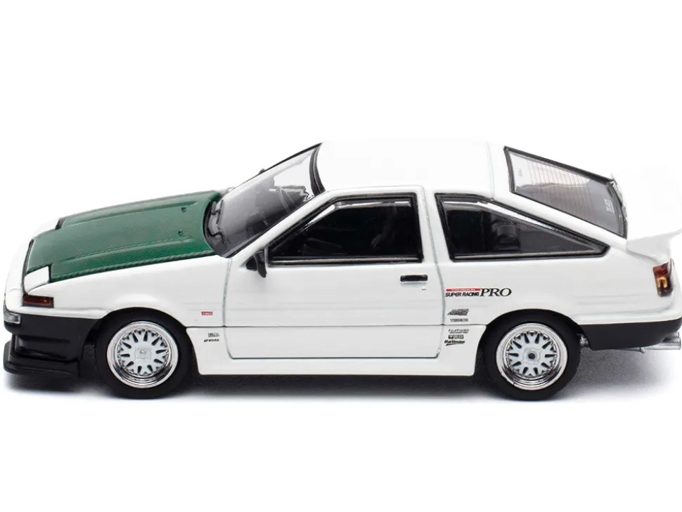 Toyota Sprinter Trueno (AE86) RHD (Right Hand Drive) "Keiichi Tsuchiya - Dori Dori Mesh Wheels" White with Green Carbon Hood 1/64 Diecast Model Car by Hobby Japan