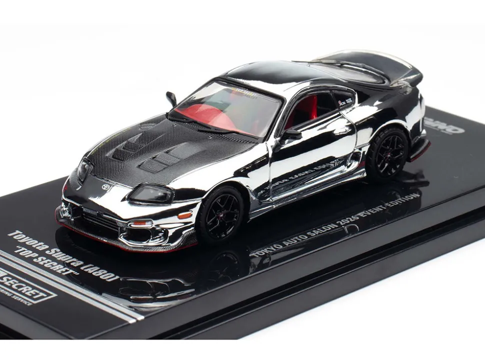 Toyota Supra (A80) "Top Secret" GT300 RHD (Right Hand Drive) Chrome with Carbon Hood and Red Interior "Tokyo Auto Salon 2026 Event Exclusive" 1/64 Diecast Model Car by Inno Models