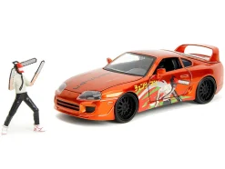 1995 Toyota Supra Orange Metallic with Graphics and Chainsaw Man Diecast Figure