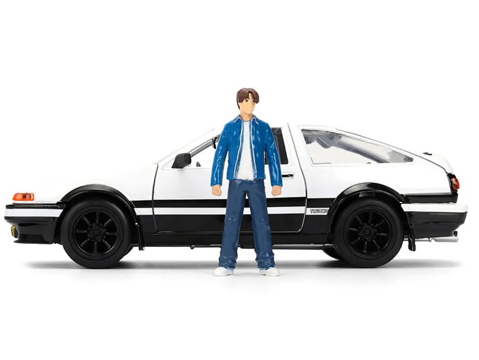 Toyota Trueno (AE86) RHD (Right Hand Drive) White and Black with Graphics and Takumi Diecast Figure "Initial D" (1998-2021) TV Series "Anime Hollywood Rides" Series 1/24 Diecast Model by Jada