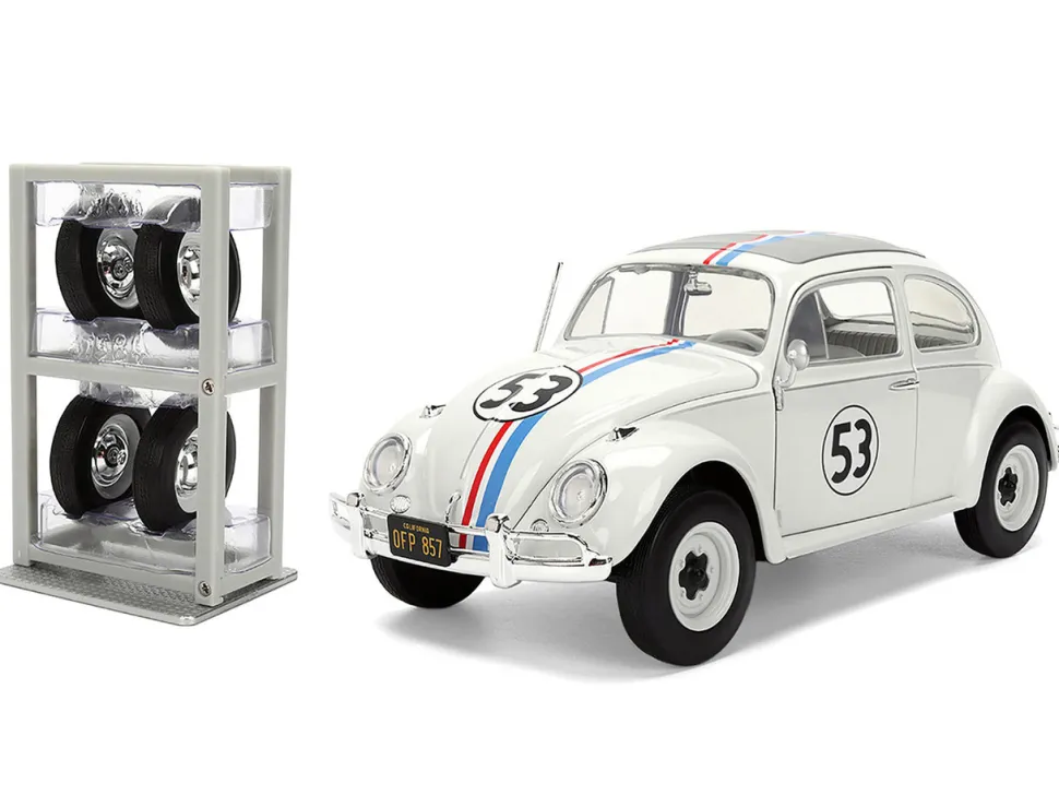 Volkswagen Beetle #53 "Herbie" White with Stripes "The Love Bug" (1968) Movie with Extra Wheels 1/24 Diecast Model Car by Jada